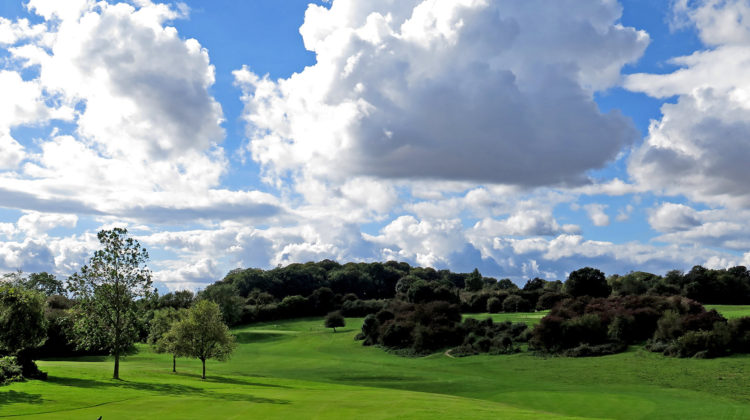 A view of the par 4 14th at Beverley & East Riding Golf Club from behind the tee