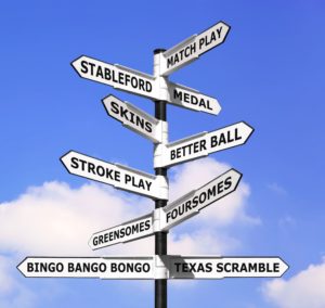 Conceptual signpost illustrating a selection of golf formats on the arrows