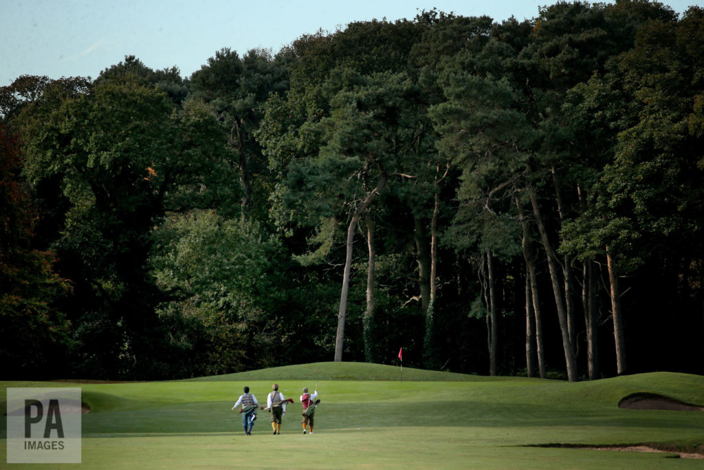 Golfers taking part in the World Hickory Open Championships at Longniddry Golf Club on Scotland's Golf Coast, East Lothian.