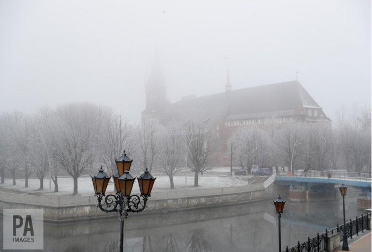 A view of the 14th-century Königsberg Cathedral in Kaliningrad, with one of the Königsberg Bridges in the foreground.
