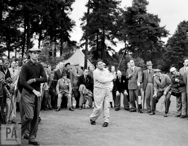 Ed 'Porky' Oliver teeing off during the 1953 Ryder Cup