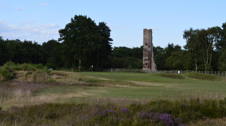 A view of the historic tower next to the 3rd green on the Woodhall Spa (Hotchkin) course, by kind permission of Woodhall Spa Golf Club