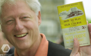ormer US President Bill Clinton holding up his 50-year-old Old Course guide book a couple of weeks before his visit to Harrogate