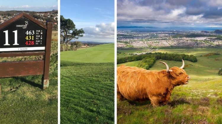 The Tee Sign, a view from behind the 11th Green and an aerial shot of T-Wood, by kind permission of Swanston Golf Club