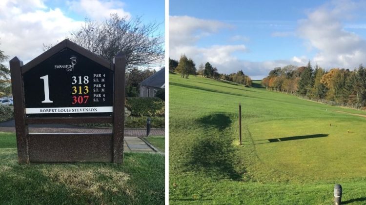 The Tee Sign and a view up the fairway of the 1st Hole (Robert Louis Stevenson), by kind permission of Swanston Golf Club
