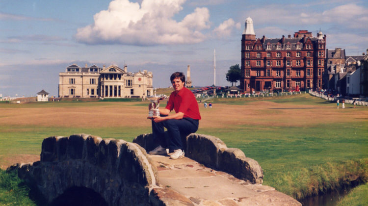 A very young Kevin Diss with the Eden Trophy on the Swilken Bridge St Andrews, by kind permission of Kevin Diss Photography