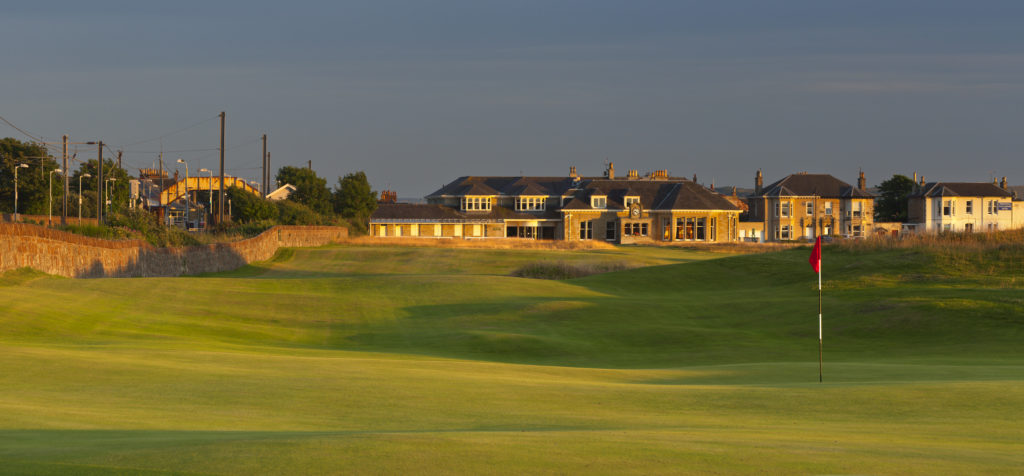 A view of the famous opening hole (Railway) with the clubhouse in the background - Photo Credit Mark Alexander, by kind permission of Prestwick Golf Club