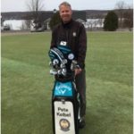 A collage of 3 images of Pete Kelbel...playing, standing next to his Callaway Golf Bag and standing on the Swilken Bridge at the Old Course in St Andrews