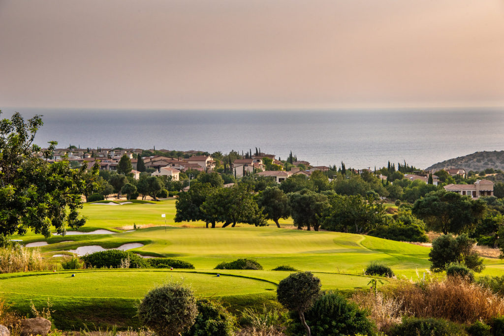 A panoramic view of Aphrodite Hills Golf Course overlooking the sea