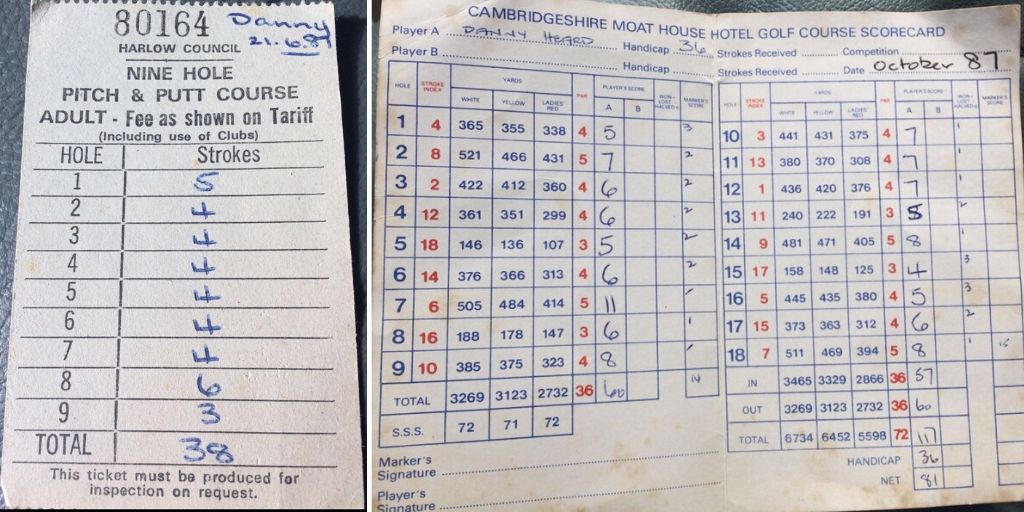 A photo of Danny Heard's First 'Pitch & Putt' and '18 Hole' Scorecards, by kind permission of Danny Heard