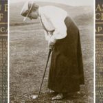 A photograph of Bertha Thompson putting against a background of the Beverley & East Riding Golf Club Ladies' Captains Honours Board