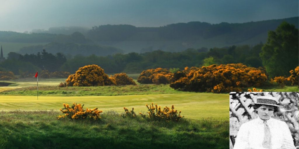 A view of the green on the Par 4 14th hole, inset Bertha Thompson...by kind permission of Ganton Golf Club