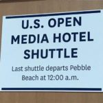 A collage of a sign highlighting the shuttle bus times to Pebble Beach against a background of outside broadcasting units