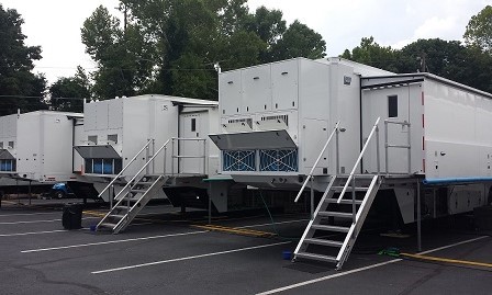 A photo of the Outside Broadcasting Unit set up in the car park of a golf tournament