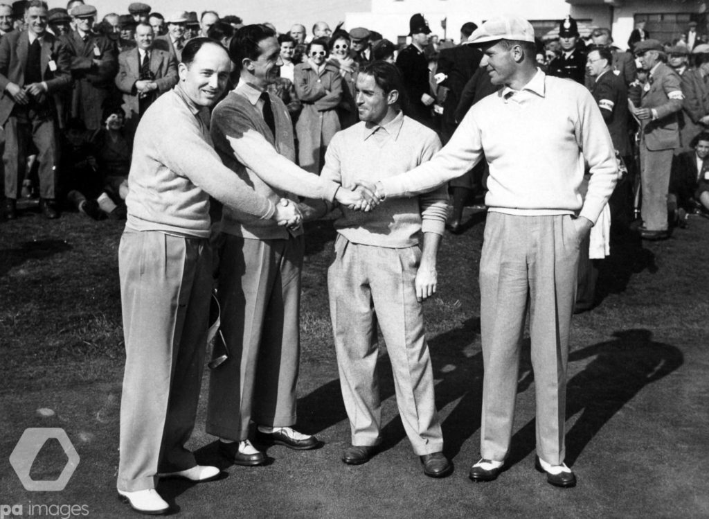 From L to R...Ronnie White (GB), Joe Carr (GB), Frank Stranahan (USA) and William Campbell (USA) congratulate each other at the 36th hole after their foursomes match finished A/S
