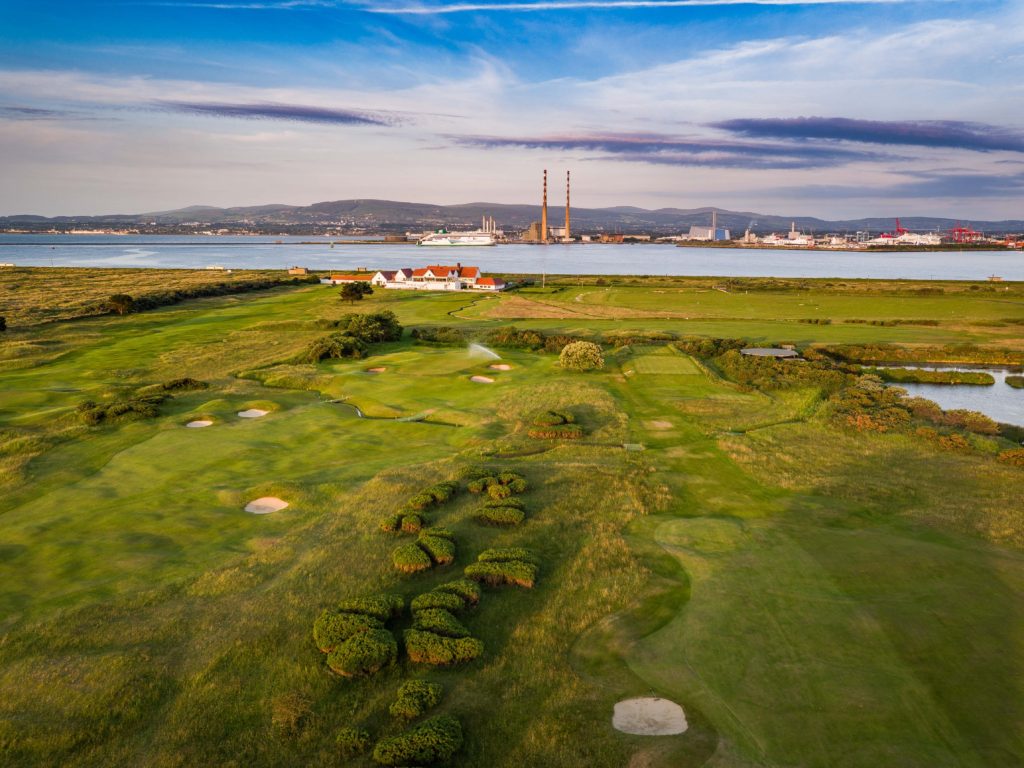 An aerial view of the historic links located on North Bull Island (a Unesco Nature Reserve) in Dublin Bay, by kind permission of The Royal Dublin Golf Club