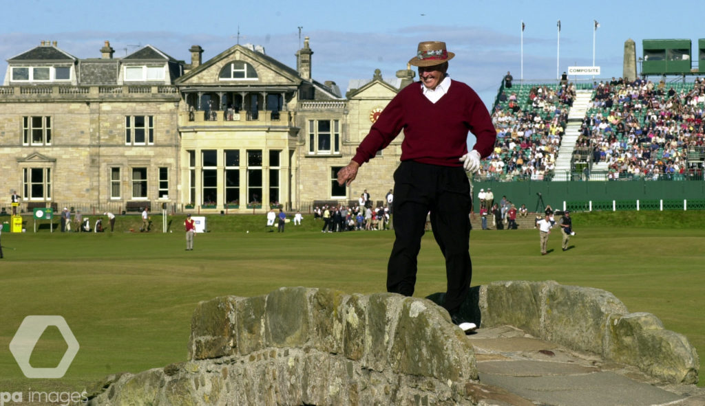 Former Open Champion Sam Snead, tap dances on the bridge in front of St Andrews Clubhouse on the 18th hole, during the Past Champions match, on the eve of the 2000 Open Golf Championship at St Andrews.