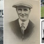 A collage of photos of James Douglas Edgar...clockwise from left to right...coaching at Northumberland GC, Profile pre WW1, Headstone, Raising funds for WW1 in 1915