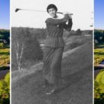 A photograph of Ada Mackenzie (circa. 1920) set against the backdrop of Mississaugua Golf and Country Club