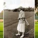 A photograph of Ada Mackenzie (circa. 1926) set against the backdrop of the Par 3 3rd Hole at the Ladies' Golf Club of Toronto Country Club