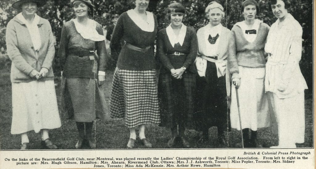 A photograph of seven players from the 1919 Championship with Ada Mackenzie 2nd from the right, kindly supplied by The Royal Ottawa Golf Club