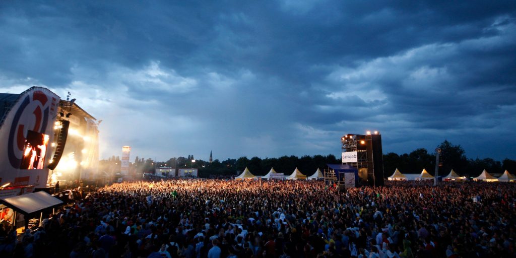 A view of an evening scene at the annual Donauinselfest in Vienna