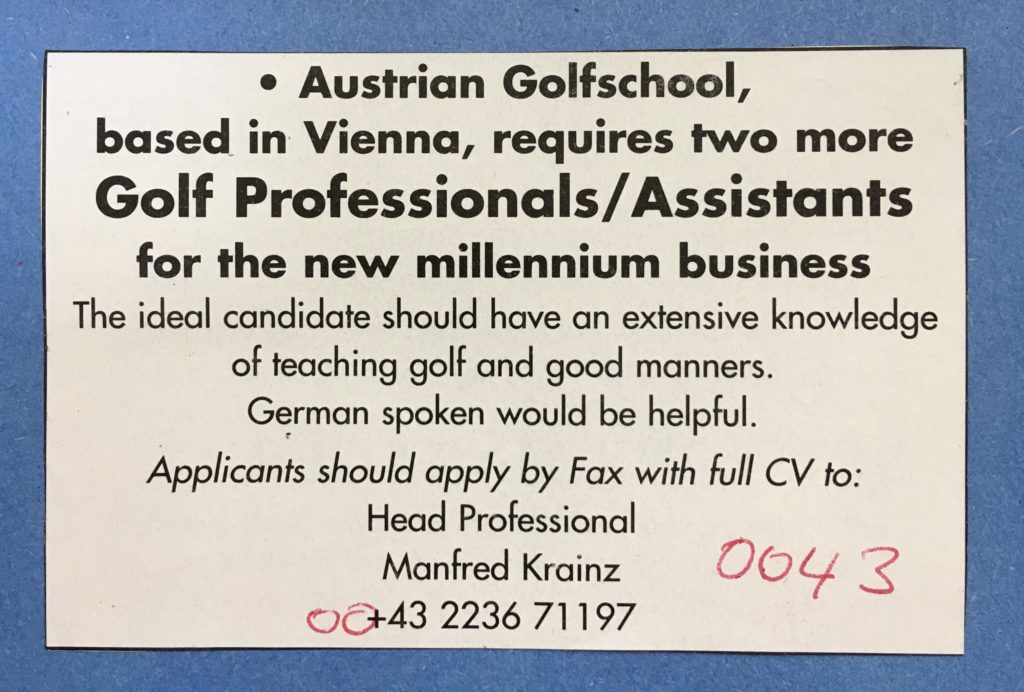 A photograph of the Golf Weekly Magazine advertising the position in Austria, kindly supplied by Graeme Fish