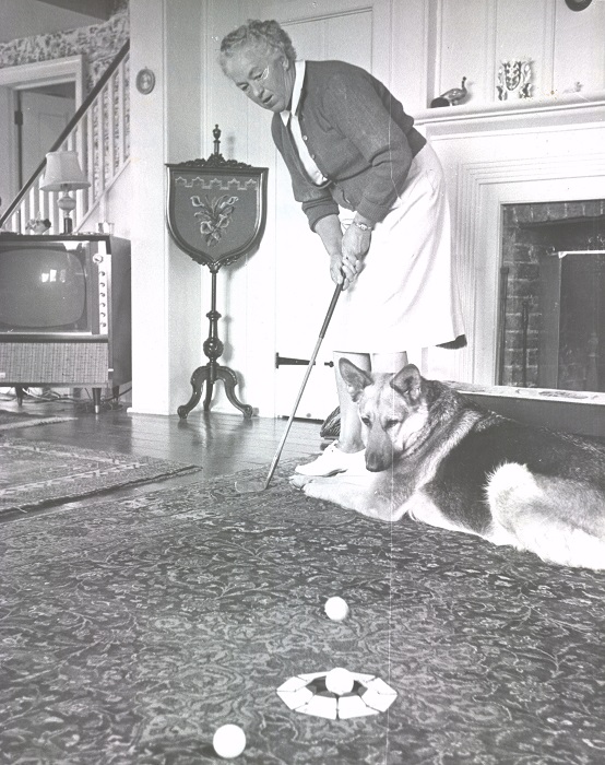 Practice anytime, anywhere...though not sure what Ada's canine companion is thinking!! (Photograph kindly supplied by Jim Mackenzie, a distant relative)