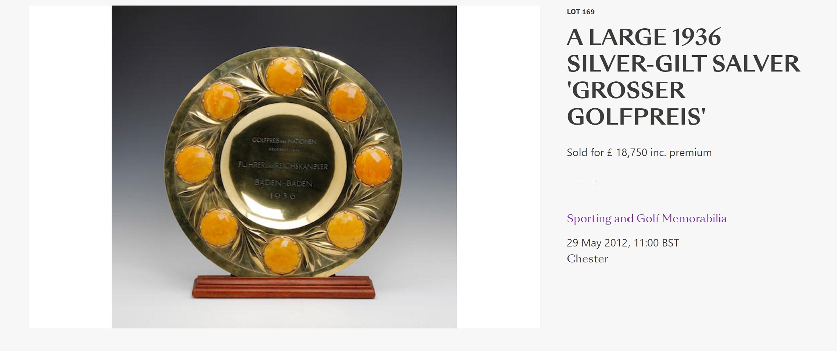 Photograph of the Great Nations Golf Prize and associated auction details, by kind permission of Bonhams