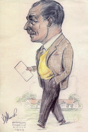 Caricature of Tom Thirsk whilst refereeing at the 1949 Ryder Cup, by kind permission of Ganton Golf Club