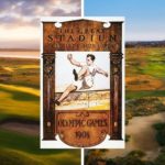 1908 Olympics Poster in the centre with photographs of Prince's Golf Club and Royal Cinque Ports Golf Club in the background
