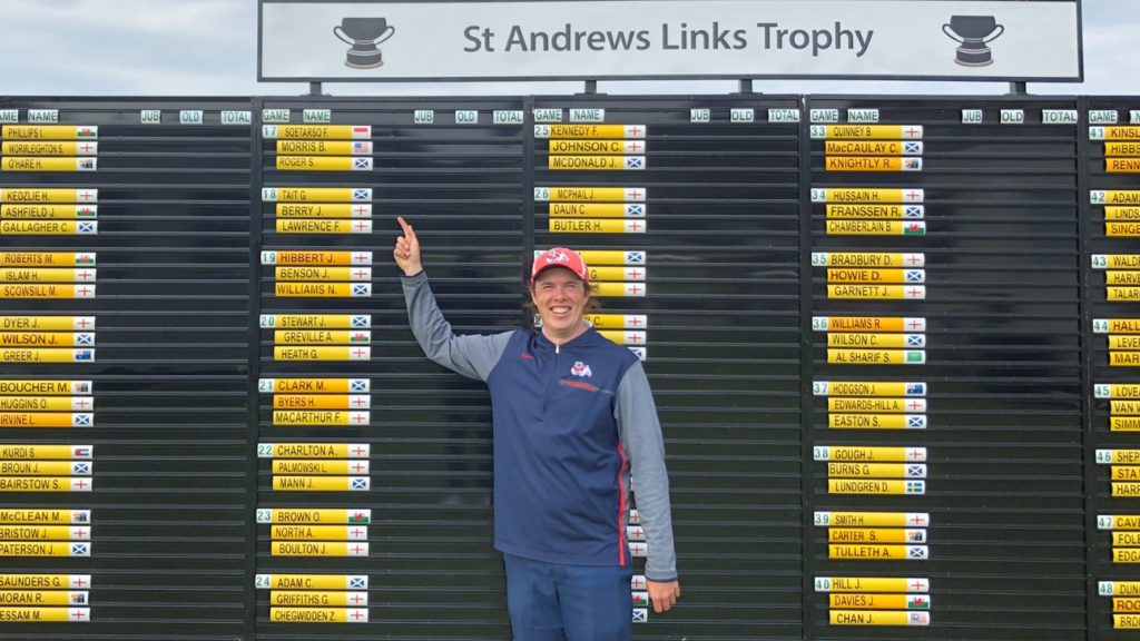 Freddie Lawrence pointing to his name on the St Andrews Links Trophy Scoreboard ... photograph by kind permission of Freddie Lawrence