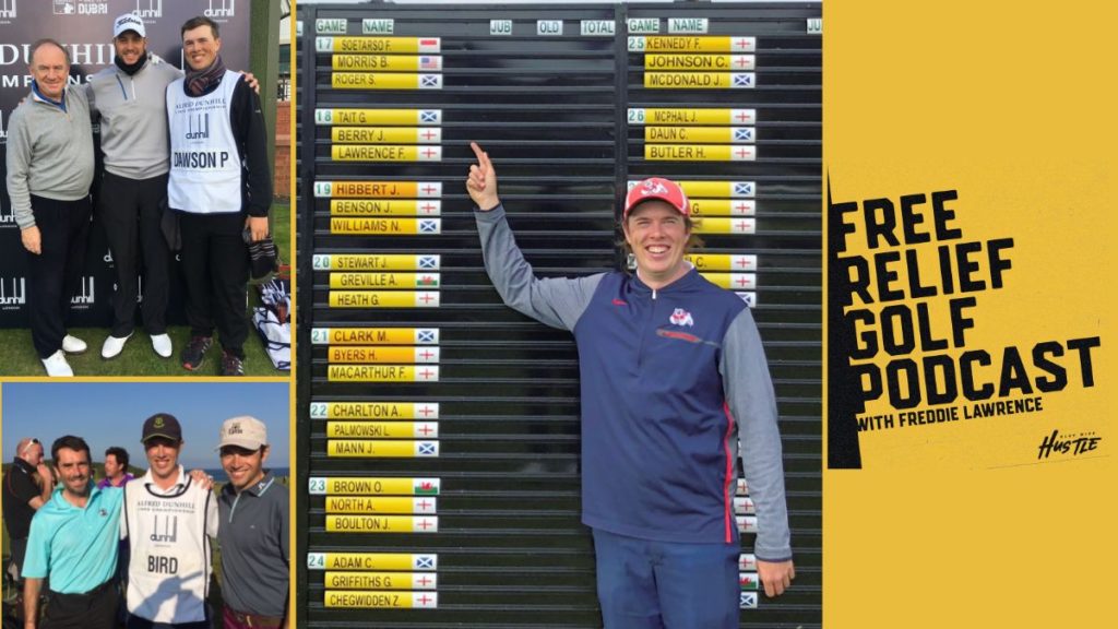 Composite Image with photographs of Freddie Lawrence caddying at the Alfred Dunhill Links Championship and standing next to the St Andrews Links Trophy leaderboard