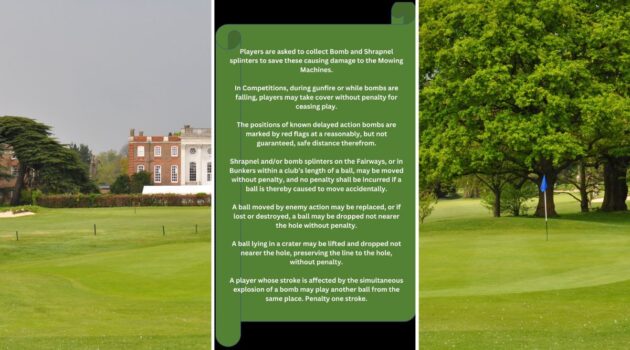 List of the temporary golf rules set against a backdrop of a photograph of the Richmond GC clubhouse and the 8th green