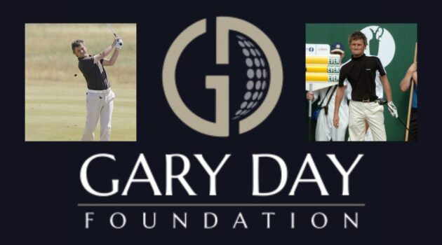 A collage of the Gary Foundation Logo, Gary Day playing and Gary Day at the 2006 Open Championship