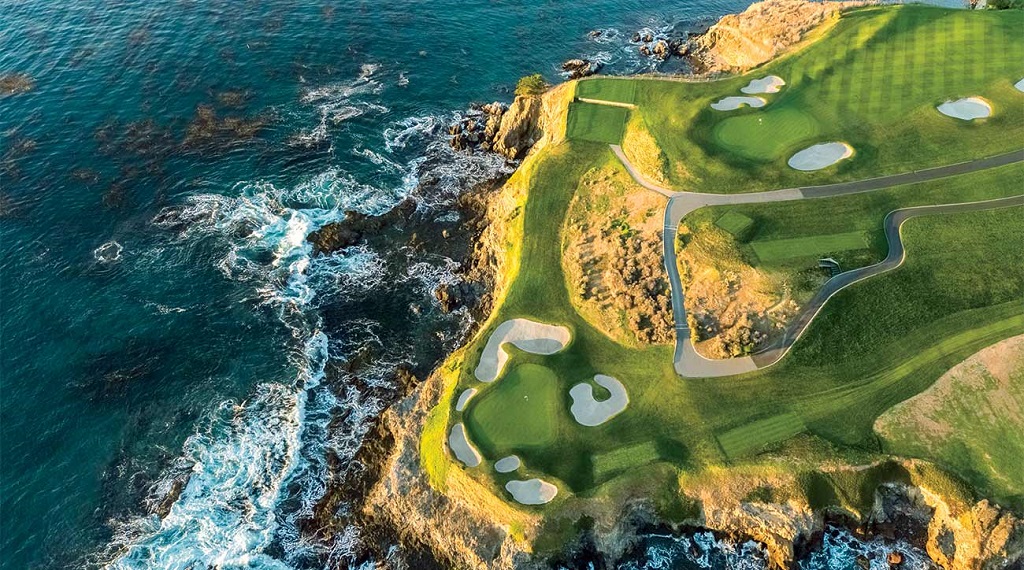 Aerial view of the iconic par 3 7th hole at Pebble Beach (a perfect illustration of bunkering) ... image kindly supplied by the Best Golf Guy