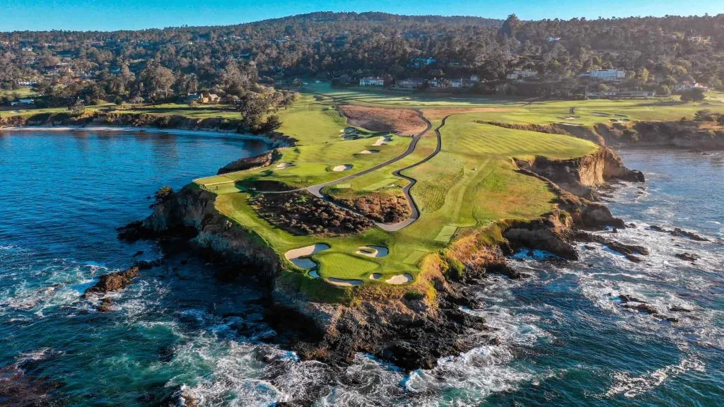 Aerial view of Pebble Beach, with the iconic par 3 7th hole in the foreground (a perfect illustration of topography) ... image kindly supplied by the Best Golf Guy