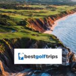Photograph of a golf course hugging the stunning Nova Scotia coastline with the Best Golf Trips logo in the foreground.