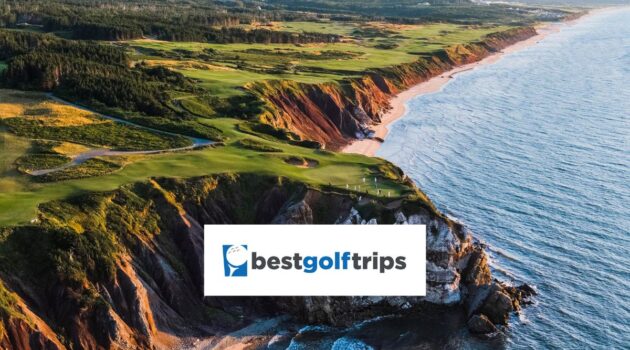 Photograph of a golf course hugging the stunning Nova Scotia coastline with the Best Golf Trips logo in the foreground.