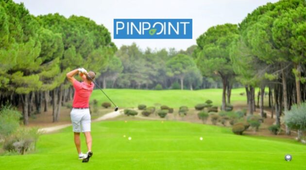 Photograph of a solo golfer teeing off, with the Pinpoint Logo positioned top centre