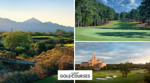 Featured Image with photographs from golf courses Grayhawk, Pinehurst No.1 and Biltmore, and the Your Golf Courses Logo.