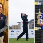 A collage featuring Freddie Lawrence (from left to right) ... with the F G Tait Medal for winning the 2023 St Andrews Links Matchplay, in action at a 2023 Tartan Pro Tour event, and with the Victory Cup as the leading qualifier in the 2023 Eden Tournament.