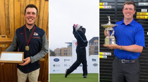 A collage featuring Freddie Lawrence (from left to right) ... with the F G Tait Medal for winning the 2023 St Andrews Links Matchplay, in action at a 2023 Tartan Pro Tour event, and with the Victory Cup as the leading qualifier in the 2023 Eden Tournament.