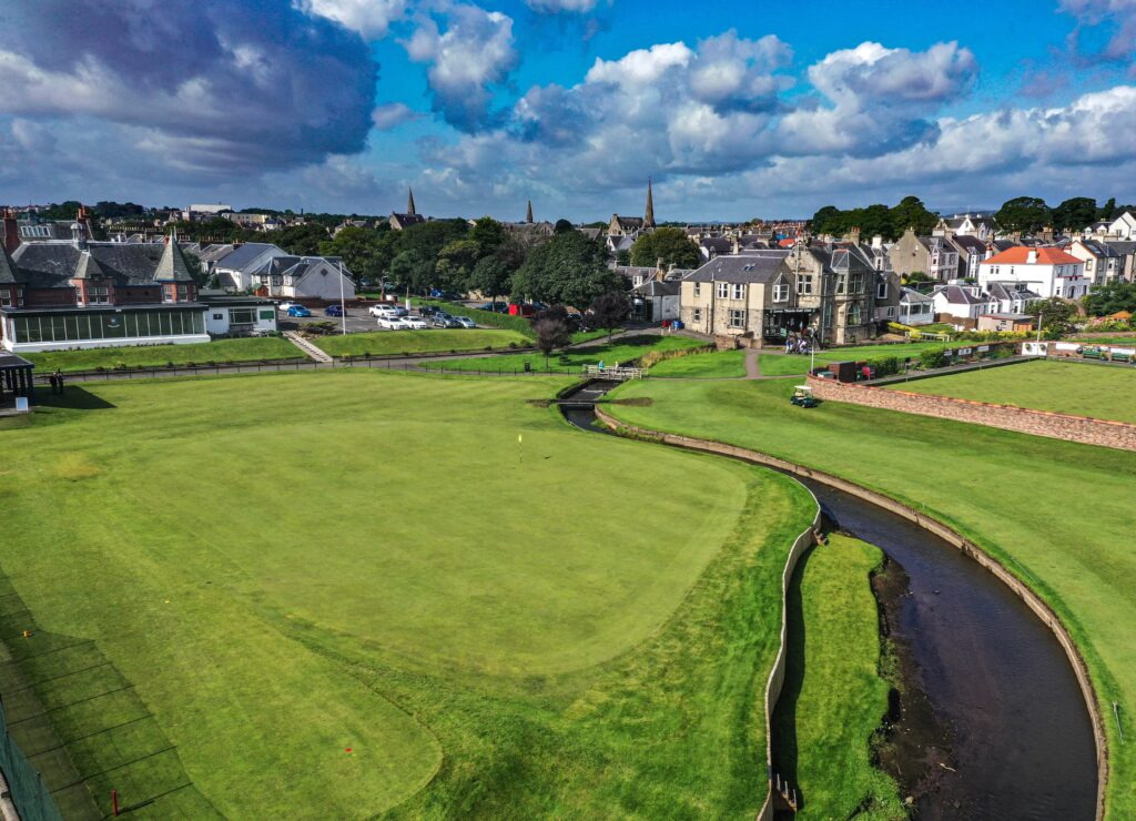 An aerial view of the 18th green and the clubhouse ... photograph by kind permission of Leven Links