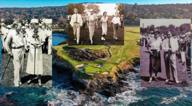 Featured Image ... Pictures of Joyce Wethered with Bobby Jones and with Sam Parks and from the match at Brook-Lea Country Club, all set against a background image of Pebble Beach.