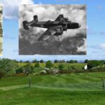 Photographs of Roy Crockett in RAF Uniform, a Halifax Bomber and Roy Crockett's DFC Medal (photographs by kind permission of Brian and Janet, son and daughter of Roy Crockett). Background photograph of the 15th hole at Beverley & East Riding Golf Club (photograph by kind permission of Beverley & East Riding Golf Club)