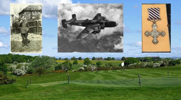 Photographs of Roy Crockett in RAF Uniform, a Halifax Bomber and Roy Crockett's DFC Medal (photographs by kind permission of Brian and Janet, son and daughter of Roy Crockett). Background photograph of the 15th hole at Beverley & East Riding Golf Club (photograph by kind permission of Beverley & East Riding Golf Club)