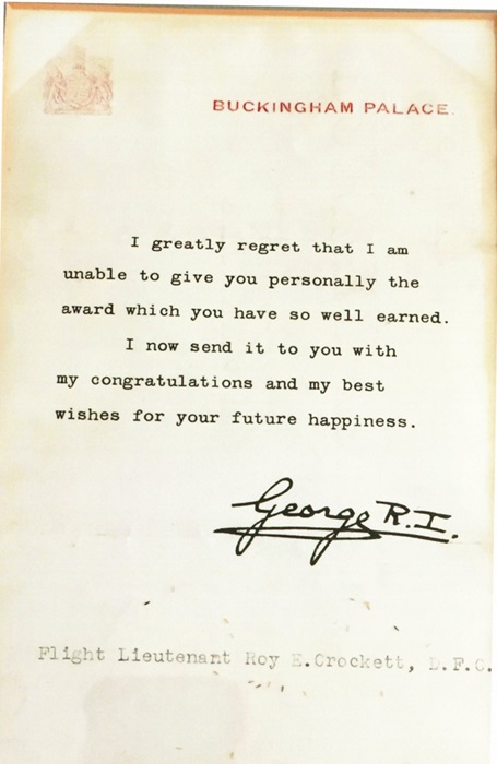 Letter from King George VI, congratulating Roy Edgar Crockett on his D.F.C. ... photograph by kind permission of Brian and Janet, son and daughter of Roy Edgar Crockett