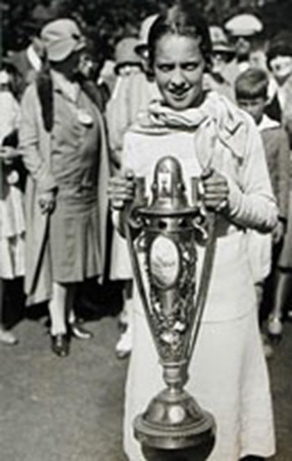Miriam Burns Horn, U.S Women's Amateur Champion, proudly holding the Robert Cox Cup ... photograph by kind permission of Don Kuehn (Historian/Director, Central Links Golf)