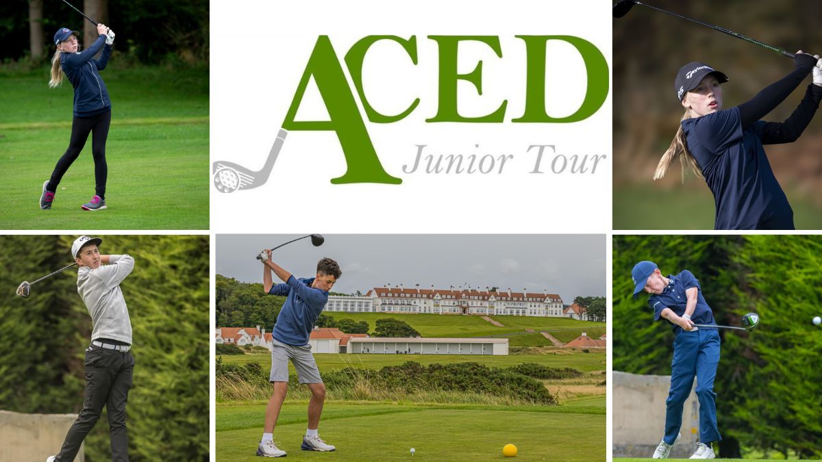 ACED Junior Golf Tour Featured Image ... a collage of junior golfers playing at various courses and the ACED Junior Golf Logo (photographs and logo by kind permission of Aaron Cox)